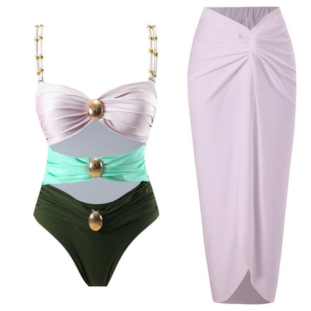 Ayolanni Cut-Out Bikini Tops for Women Separate Pink Hybrids V-Neck Dress Colorblock Two-Piece Sets Bikinis for Teens M