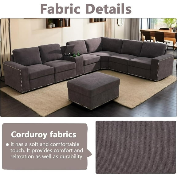 PonLiving Modular U Shaped Sofa Living Room Furniture Sets Brown Couch with Ottoman Corduroy Couch for Living Room, Office.