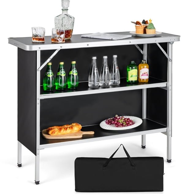 Costway Mesa de Camping Plegable, Mesa de Picnic Portátil de Aluminio con Estantes Abiertos de 2 Niveles y Tablero Amplio, Tela Oxford y Bolsa de Transporte, Mesa Plegable Ligera para Picnic, Barbacoa