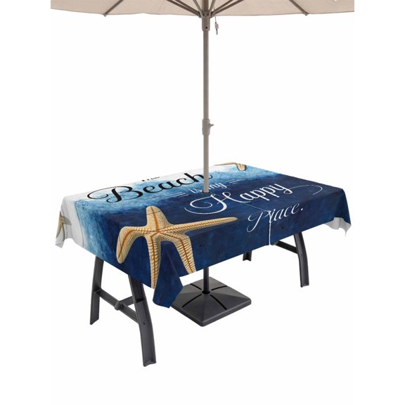 Outdoor Tablecloth with Umbrella Hole for Patio/Picnic/Party/Camping, Coastal Starfish Waterproof Table Cloth Rectangle Table Cover Washable, Nautical Beach Ocean Creature Wood Plank (60"x 84")