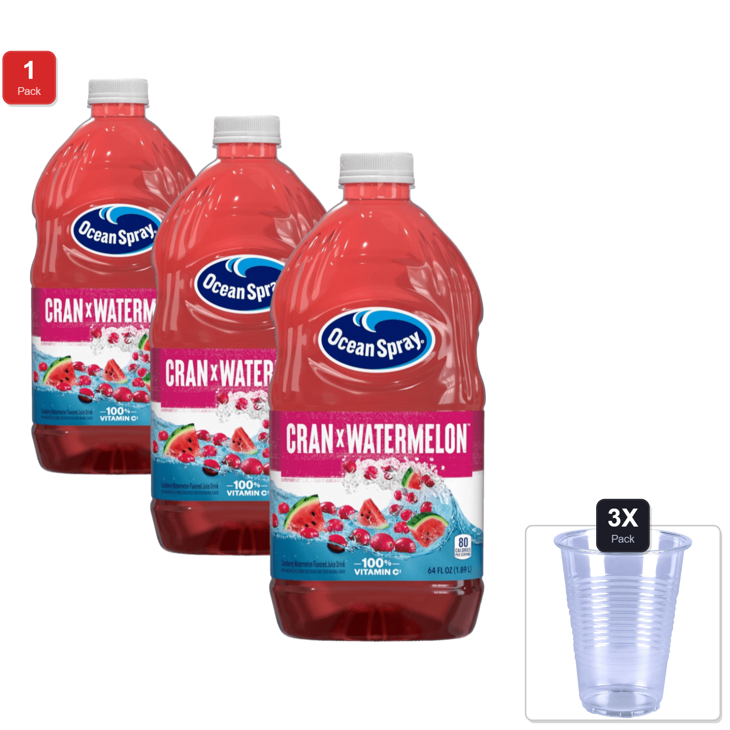 1 Pack | Ocean Spray Cran-Watermelon Cranberry Watermelon Juice Drink, 64 Fl Oz Bottle (Pack Of 3) & 3x Disposable Cup