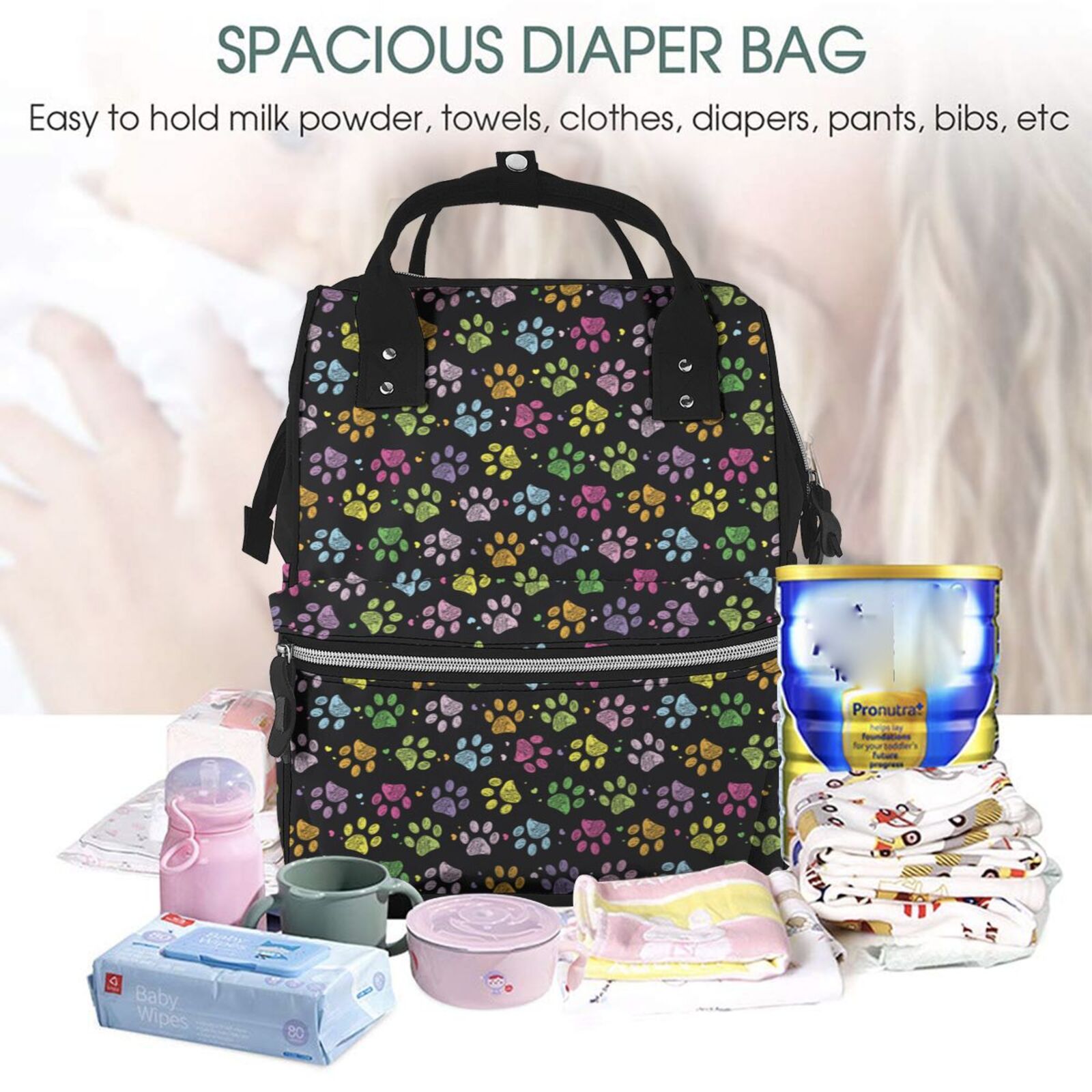 Ratiio Colorful Paw Mummy Backpack - Waterproof Twill Canvas, Large Capacity Diaper Bag with Multiple Pockets and Adjustable Straps