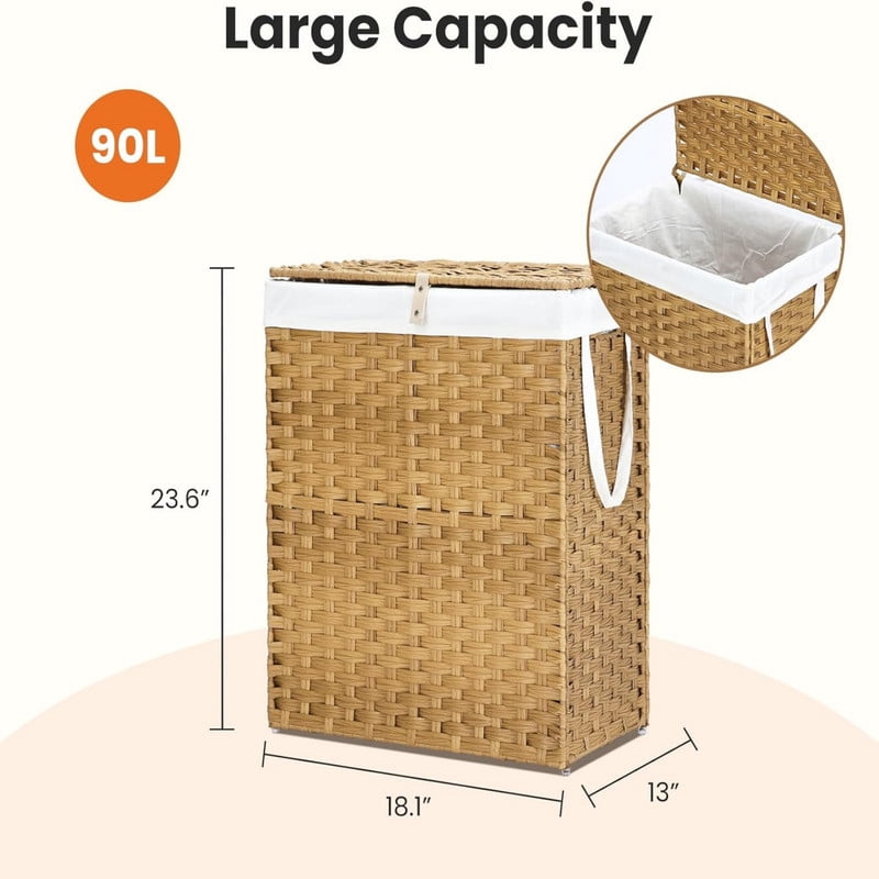 Kelno 90L Laundry Basket with Lid Foldable Rattan Clothes Hamper with Removable Liner Bag, Natural