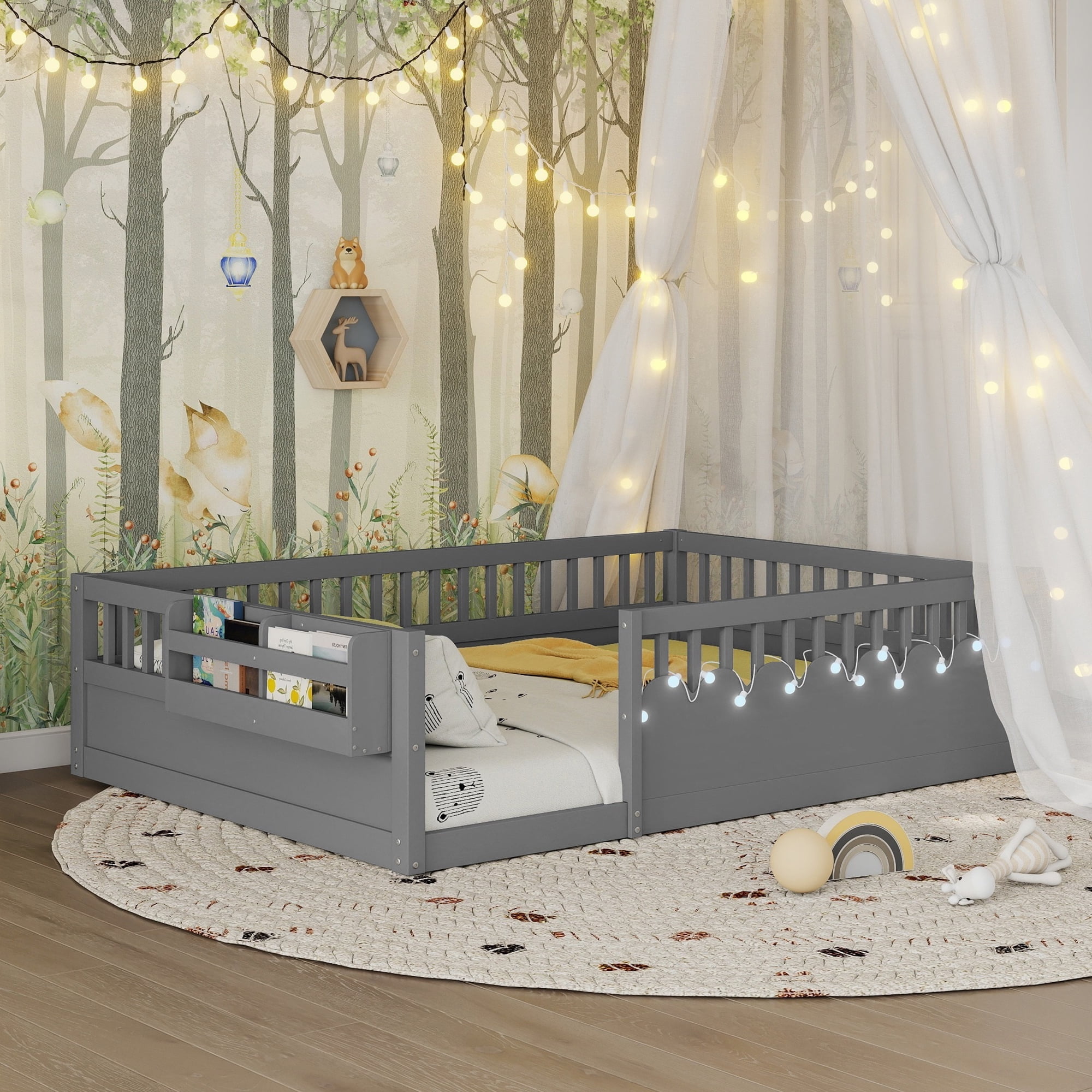 Montessori Floor Bed with High Rails, LED Lights & Storage Shelf, Safe & Wider Opening Gate Design, Full Size Floor Bed for Boys & Girls, Gray