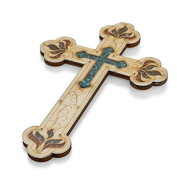 Tierra Santa Ltd. Wall Wood Cross Vintage Jerusalem Gemstones Antique Style Decor 13"