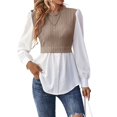 thumbnail image 1 of Camisa de Mujer con Botones y Diseño Patchwork, Larga, Cuello Redondo, Dos en , de Punto Canalé, con Volantes. Caqui L, 1 of 8