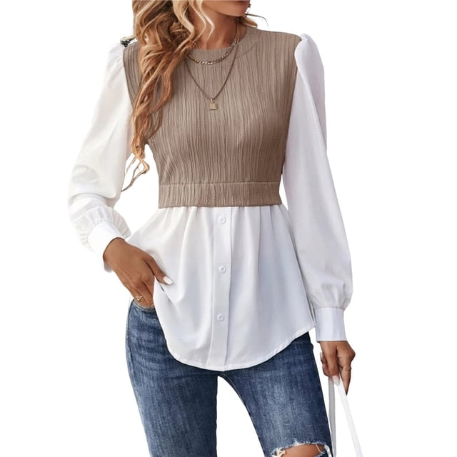 Camisa de Mujer con Botones y Diseño Patchwork, Larga, Cuello Redondo, Dos en , de Punto Canalé, con Volantes. Caqui M