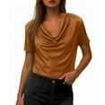 thumbnail image 4 of Htigea Cowl Neck T-Shirts for Women Summer Short Sleeve Tops Dressy Business Office Work Blouse Shirt Gold S, 4 of 7