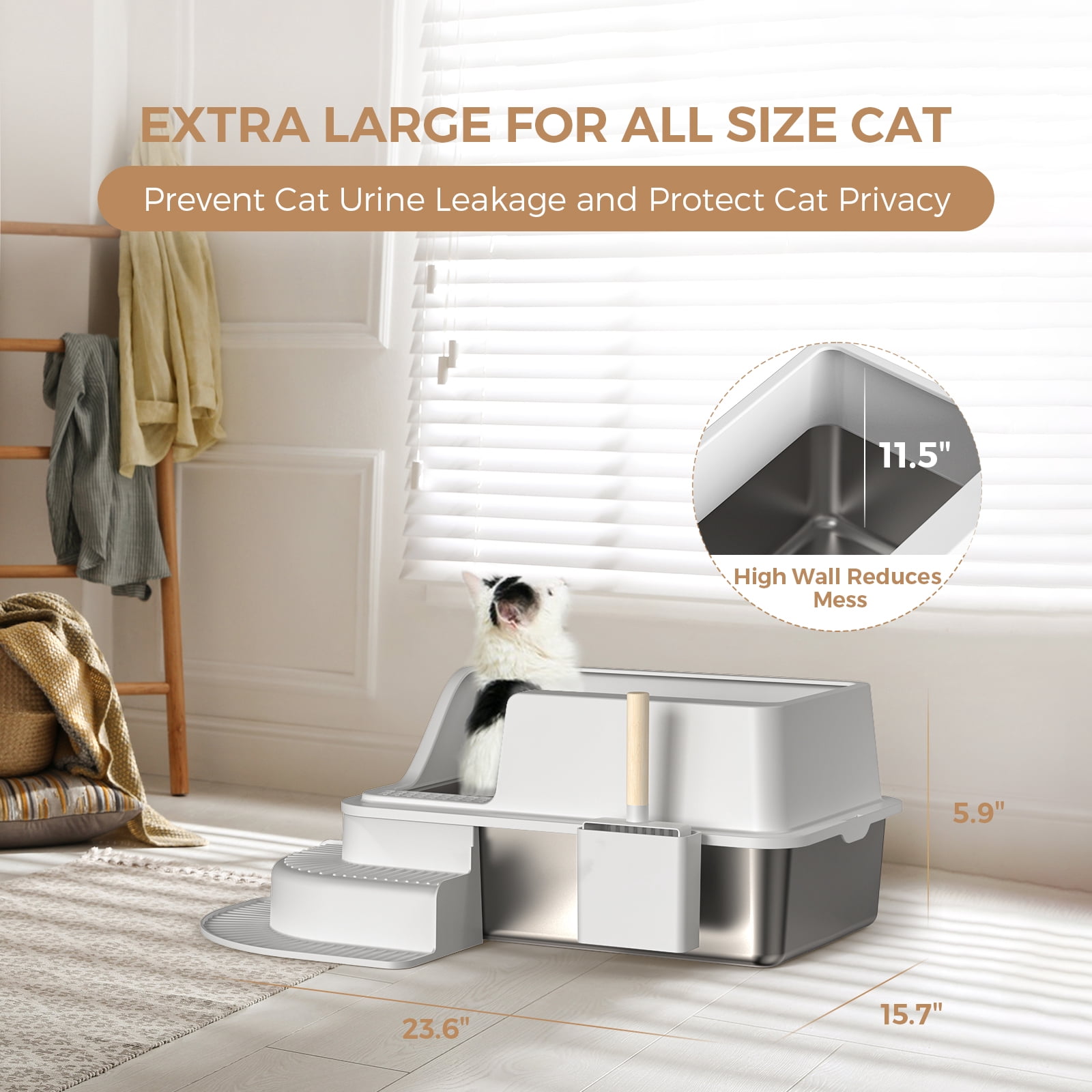 Enclosed Stainless Steel Cat Litter Box Extra Large Litter Box for Big Cats, High Side Enclosure Metal Litter Pan Tray with Scoop, Anti-Leakage, Easy Cleaning