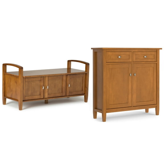 Warm Shaker Solid Wood 44 inch Wide Storage Bench and 36 inch Wide Storage Cabinet in Light Golden Brown