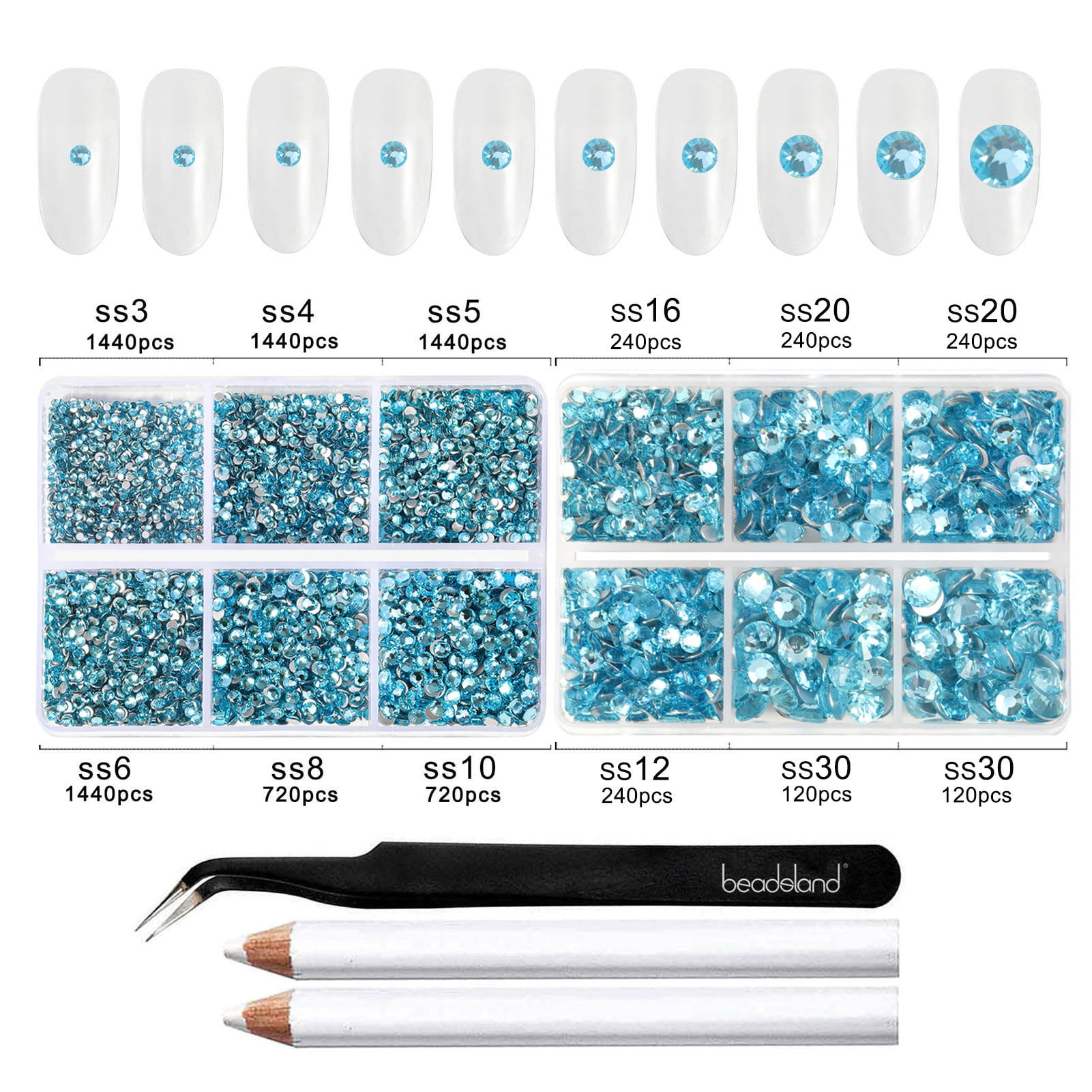 Beadsland 8300PCS Flatback Rhinestones 10 Sizes with Wax Pencil and Tweezer Kit, SS3-SS30, Aquamarine