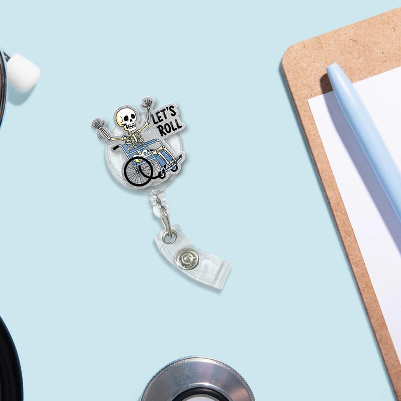 TiniDecor Let’s Roll Skeleton Badge Reel, Funny Skeleton in Wheelchair Retractable ID Holder, Cute Gift for Nurses & Halloween