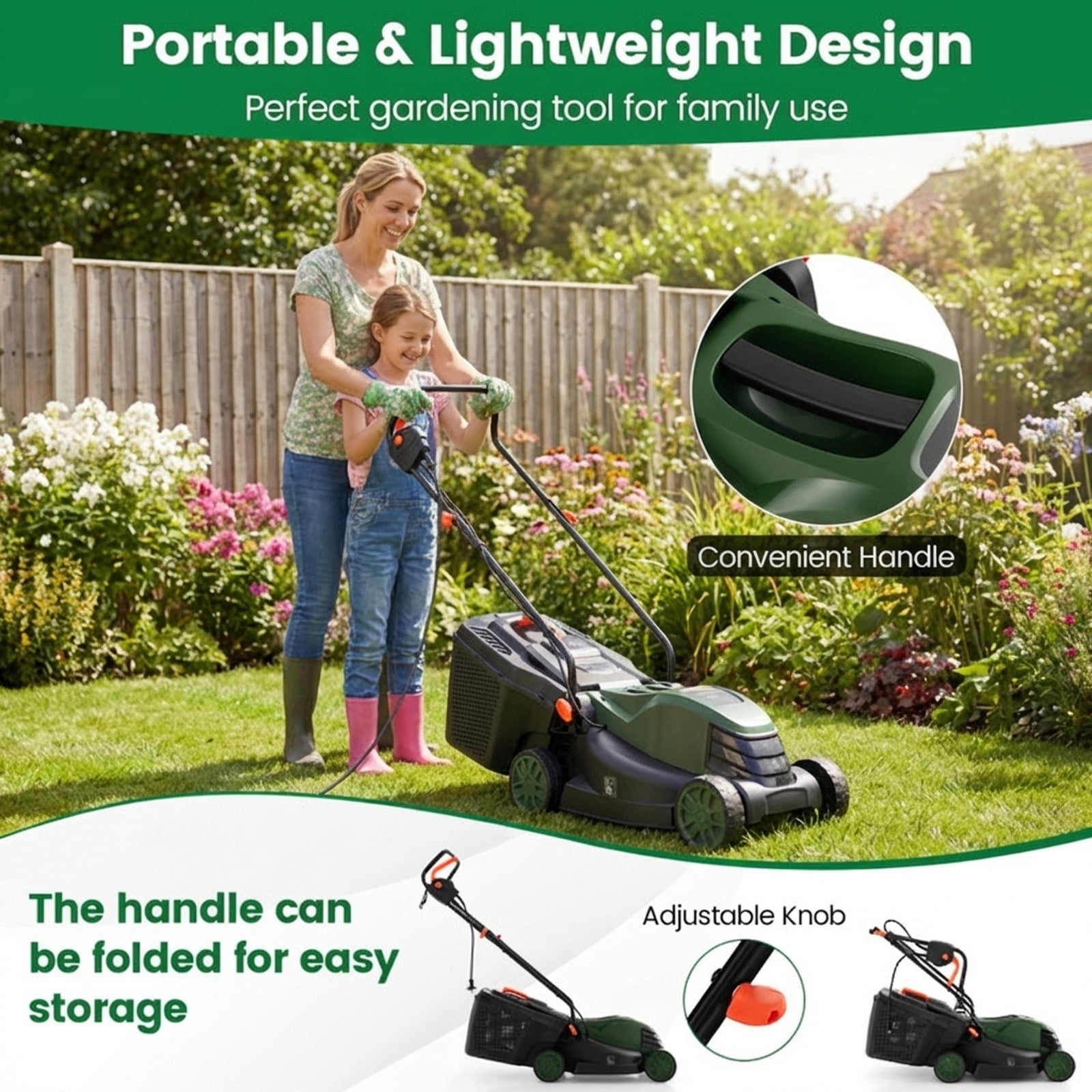 Biotree 12-AMP 13.5 Inch Adjustable Electric Corded Lawn Mower with Collection Box-Green - Outdoor Electric Lawn Yard Care Tool