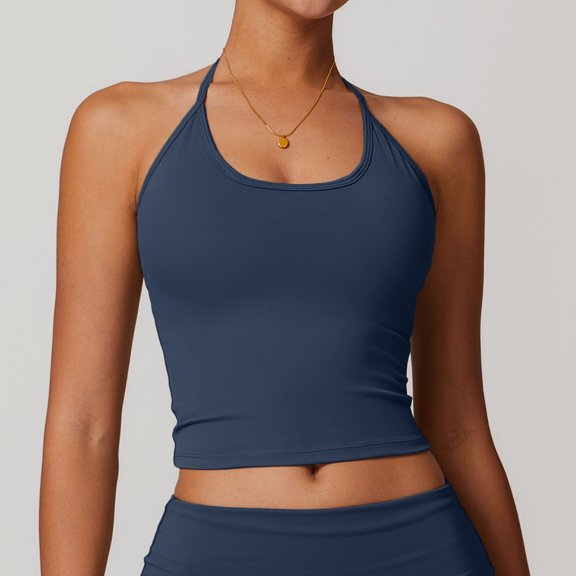 Lumtrix Womens Halter Backless Tank Tops Basic Tie Back Scoop Neck Camisole Crop Tops Y2K Trendy Sleeveless Shirts Going Out Top Navy M