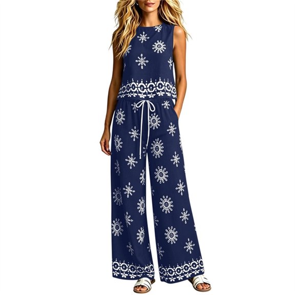 TEAJOPSUU Womens 2 Piece Boho Floral Sets Loose Sleeveless Crew Neck Tank Tops Wide Leg Drawstring Waist Pants with Pockets Macthing Outfits Navy