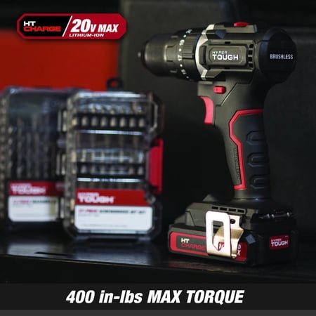 HYPER TOUGH 20V BRUSHLESS 1/2-INCH 2-SPEED CORDLESS HAMMER DRILL BATTERY & CHARGER