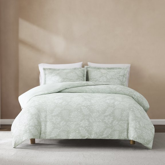 Lush Decor Floral Jacobean Gauze Jacquard Duvet Cover 3 Piece Set Full/ Queen Sage - Floral Duvet - Green Bedding Set - Vintage & Coquette Decor
