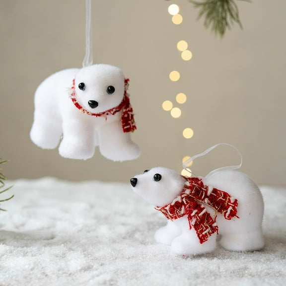 MXTPOV Small White Bear Christmas Tree Decorations Flocked Felt Christmas Ornaments Hanging Christmas Decorations for Xmas Tree Party Car Home Decor