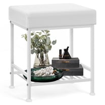 Small Ottoman with Storage Shelf, Square Ottoman Foot Rest Under Desk with Adjustable Leg, White Pouf Vanity Stool for Living Room, Bedroom
