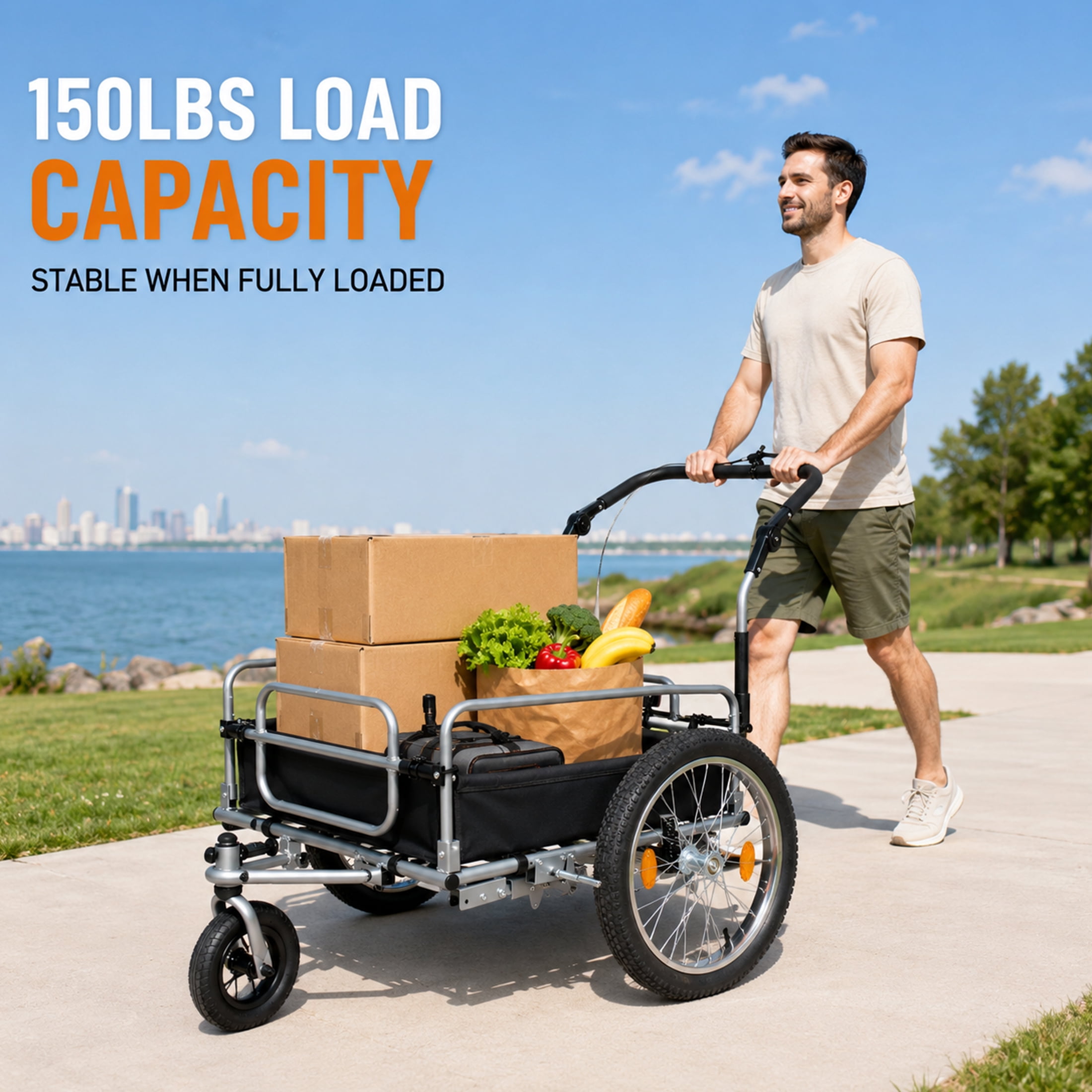 3-in-1 Heavy-Duty Bike Cargo Trailer with 20" Fat Tires, 150lbs Capacity Steel Frame Utility Wagon, Convertible Stroller and Pull Cart with Suspension and Safety Handbrake for Camping and Groceries