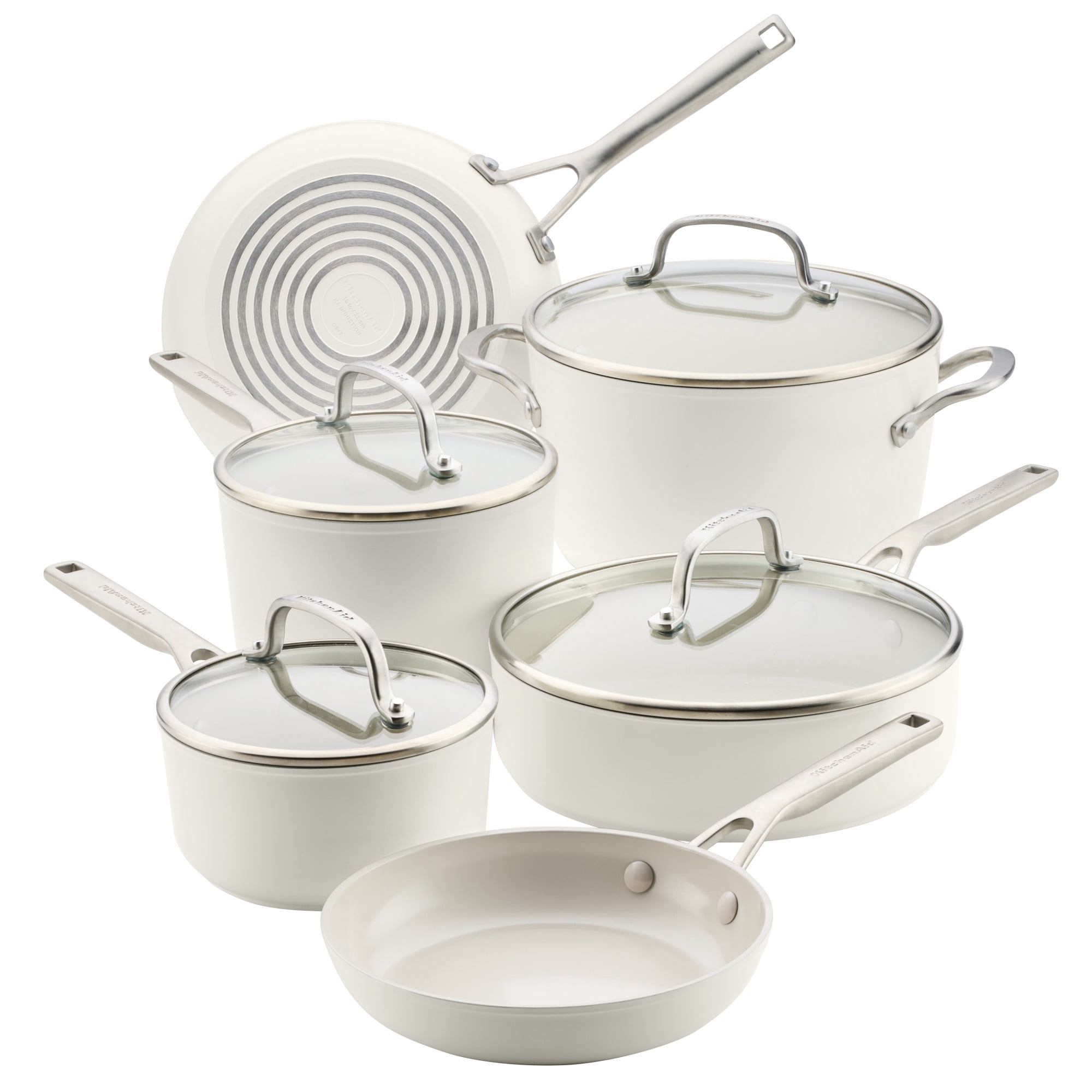 KitchenAid Hard-Anodized 10 Pcs Ceramic Induction Cookware Set, Dishwasher Safe and Oven Safe to 500°F, Porcelain White