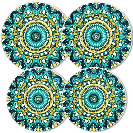 

Electric Stove Burner Covers Set of 4 White Round Cover for Gas Stovetop 8 and 10 Inch Beautiful Teal and Yellow Background with A Mandala Design