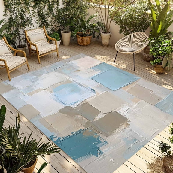 Fsddascl Modern Abstract Outdoor Rug for Patio/Deck/Porch, Non-Slip Large Area Rug 5 x 8 Ft, Blue Beige Oil Painting Art Indoor Outdoor Rugs Washable Area Rugs, Reversible Camping Rug Carpet Runner