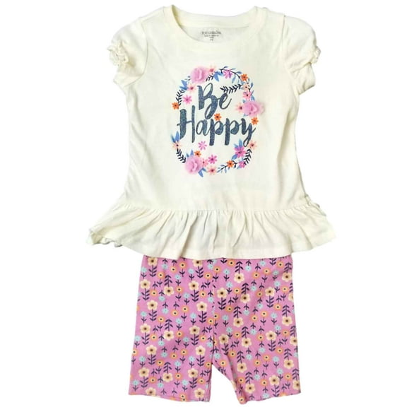 Girls Outfit Be Happy Pink Glitter Shirt & Flower Short Outfit Set Medium