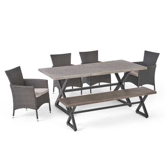 GDF Studio Linhurst Outdoor Wicker and Aluminum 6 Piece Dining Set with Bench, Black, Gray, and Light Gray