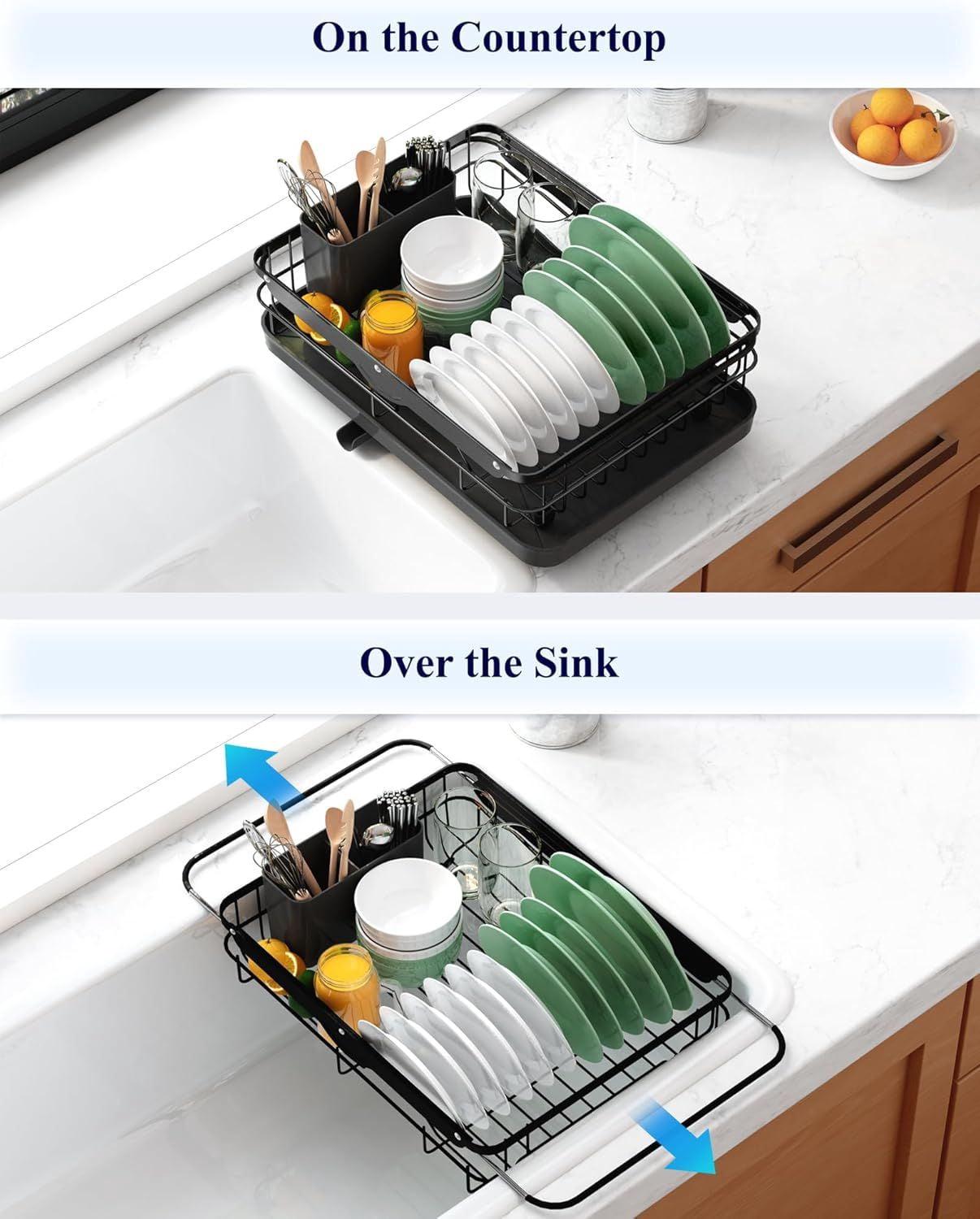 Dish Drying Rack for Kitchen Counter, Stainless Steel Sink Organization and Storage Essentials with Cutlery Holder, Home and Appartment Decor, 12.2"W x 15.7"~23"L