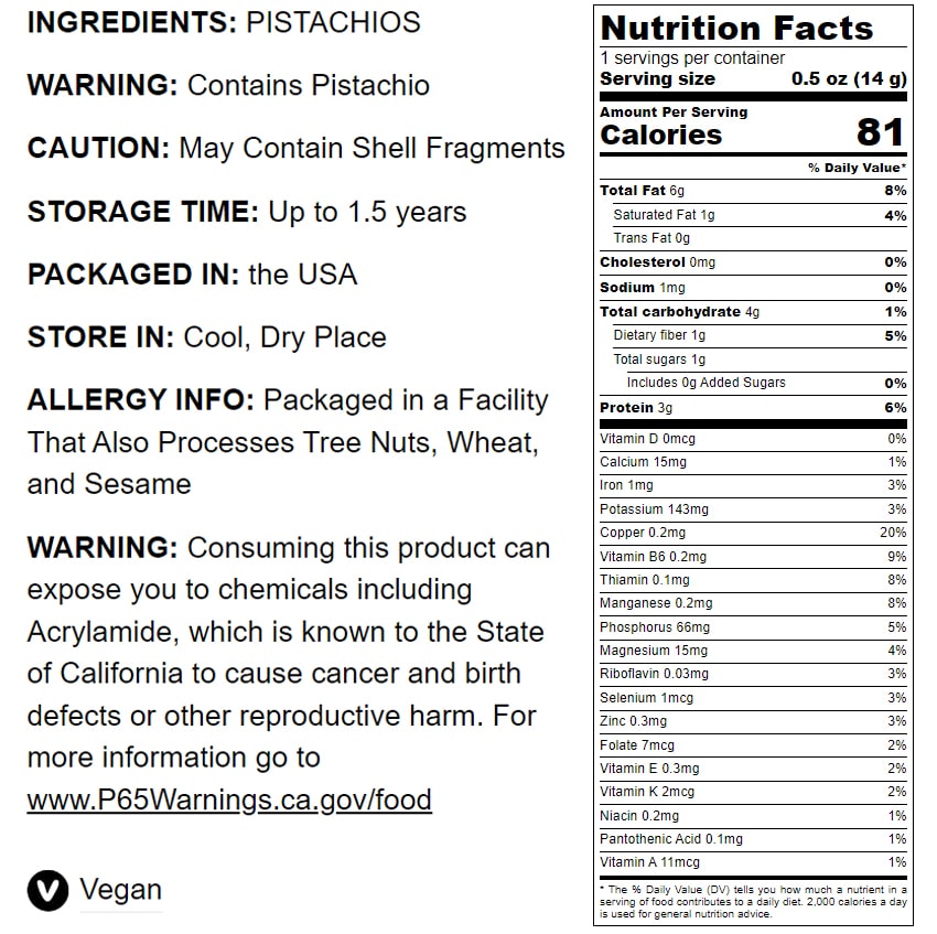 Dry Roasted Pistachio Whole Kernels, 1 Pound — Vegan — by Food to Live