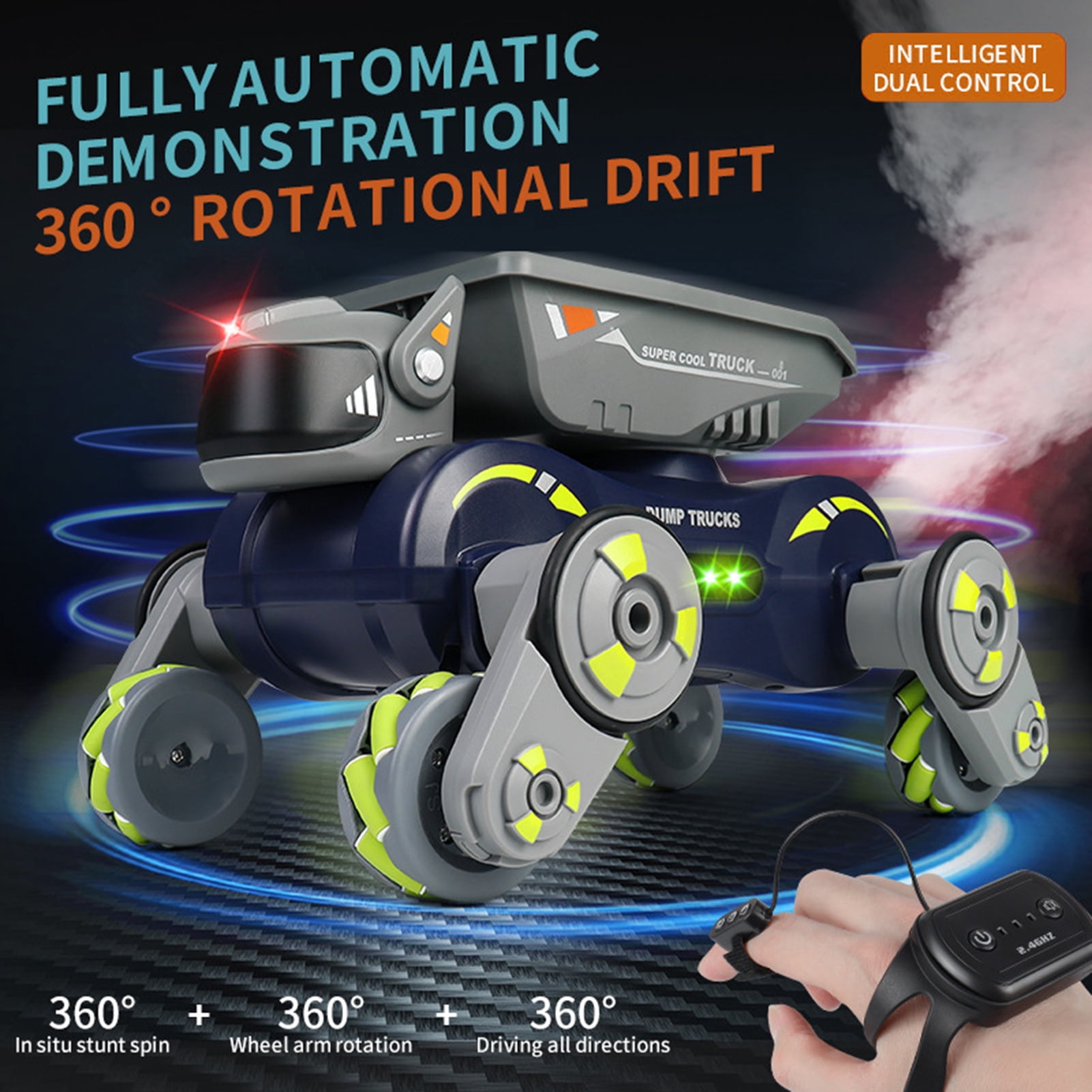 Birinta 2.4GHz Remote Control Car with Light Music Spraying Gesture Sensing Robot Dog Toy Electric RC Stunt Car Crawler Vehicle