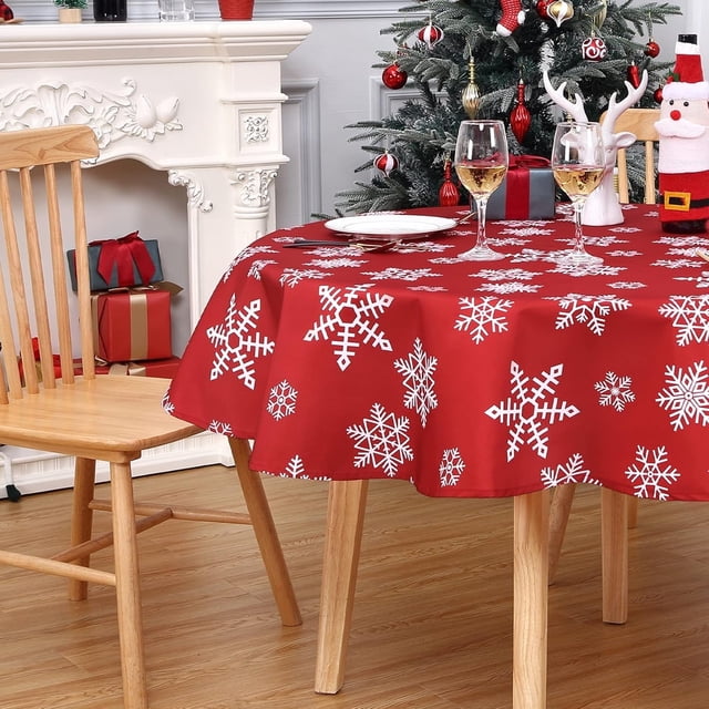 Christmas Tablecloth 60 Inch, Round Table Cloth Outdoor Winter Christmas Decorations Table Decor Dining Table Cover, Farmhouse Xmas Red Snowflake for Banquet Party Kitchen Dining Room