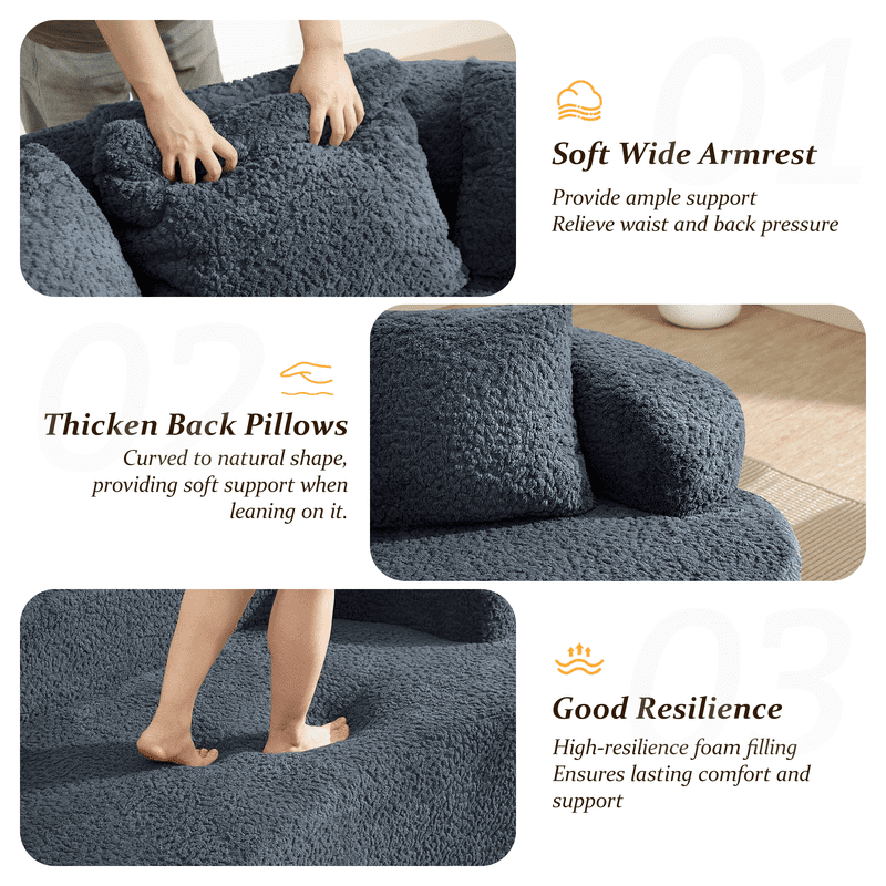 ATHOPE 86" Curved Cloud Couch, Boneless Sofa for Small Space, Plush Teddy Fabric Modern Couch with 3 Throw Pillows, Comfy Floor Love Seat for Living Room, Bedroom, Blue
