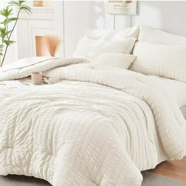 Ivory Oversized Queen Comforter Set Seersucker 7 Pieces, All Season Luxury Bed in a Bag for Bedroom, Bedding Set with Comforter, Sheets, Pillowcases & Shams