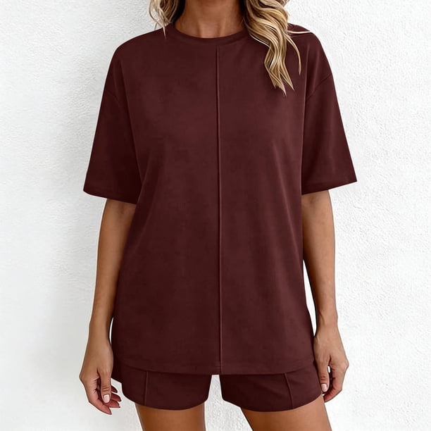 TaTaai Women's Summer Lounge Set Short Sleeve Round Neck T-Shirt and Elastic Waist Shorts Solid Color Matching Two Piece with Pockets for Comfortable Daily Wear Gift