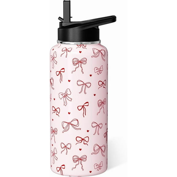 Pink Bow Water Bottle 32oz - Vacuum Insulated Stainless Steel Tumbler with Straw Lid, Cute Travel Cup for Women and Girls, Ideal Gift