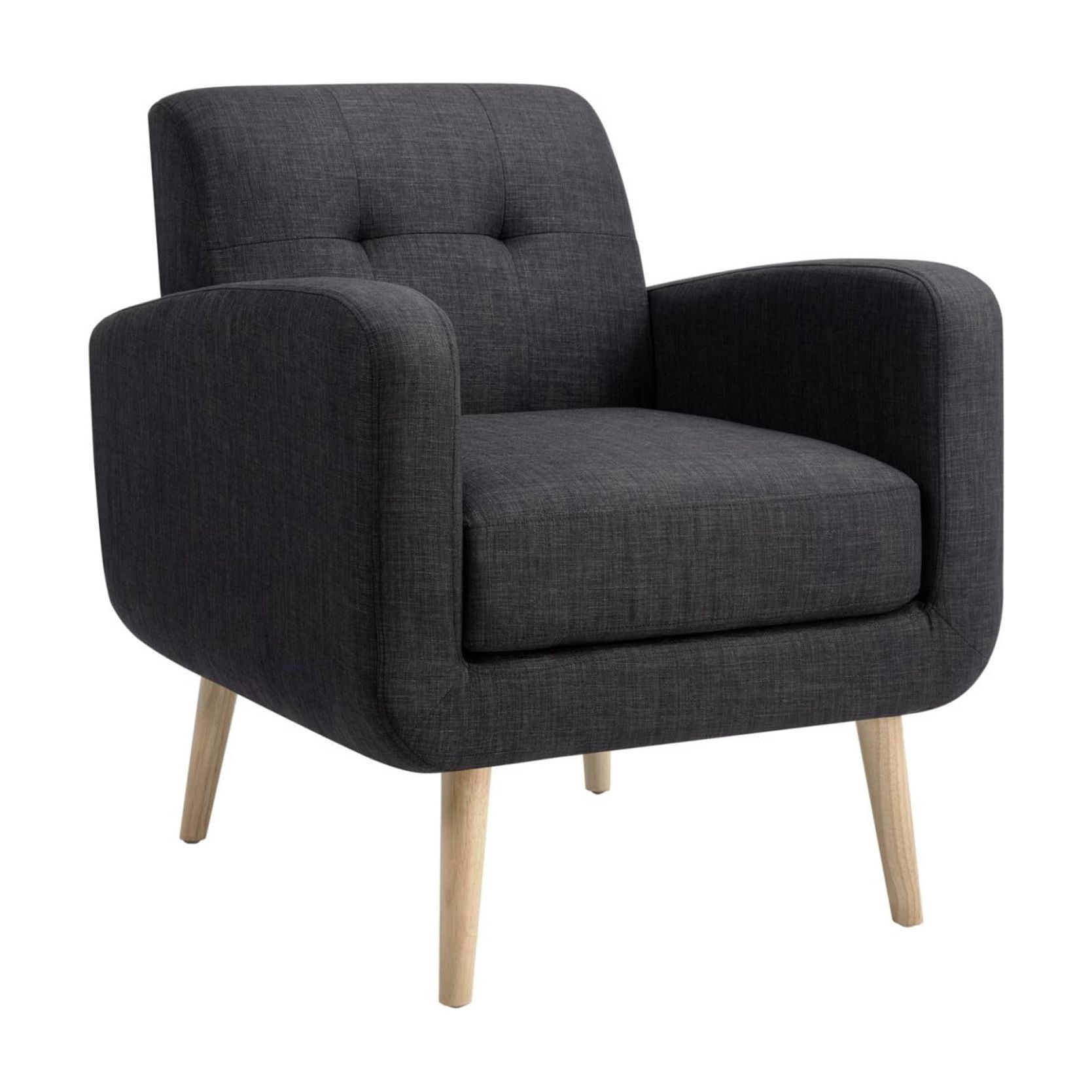 Mid-Century Modern Accent Armchair, Upholstered Fabric Living Room Chair with Deep Seat, Padded Arms & Rubber Wood Legs, Black