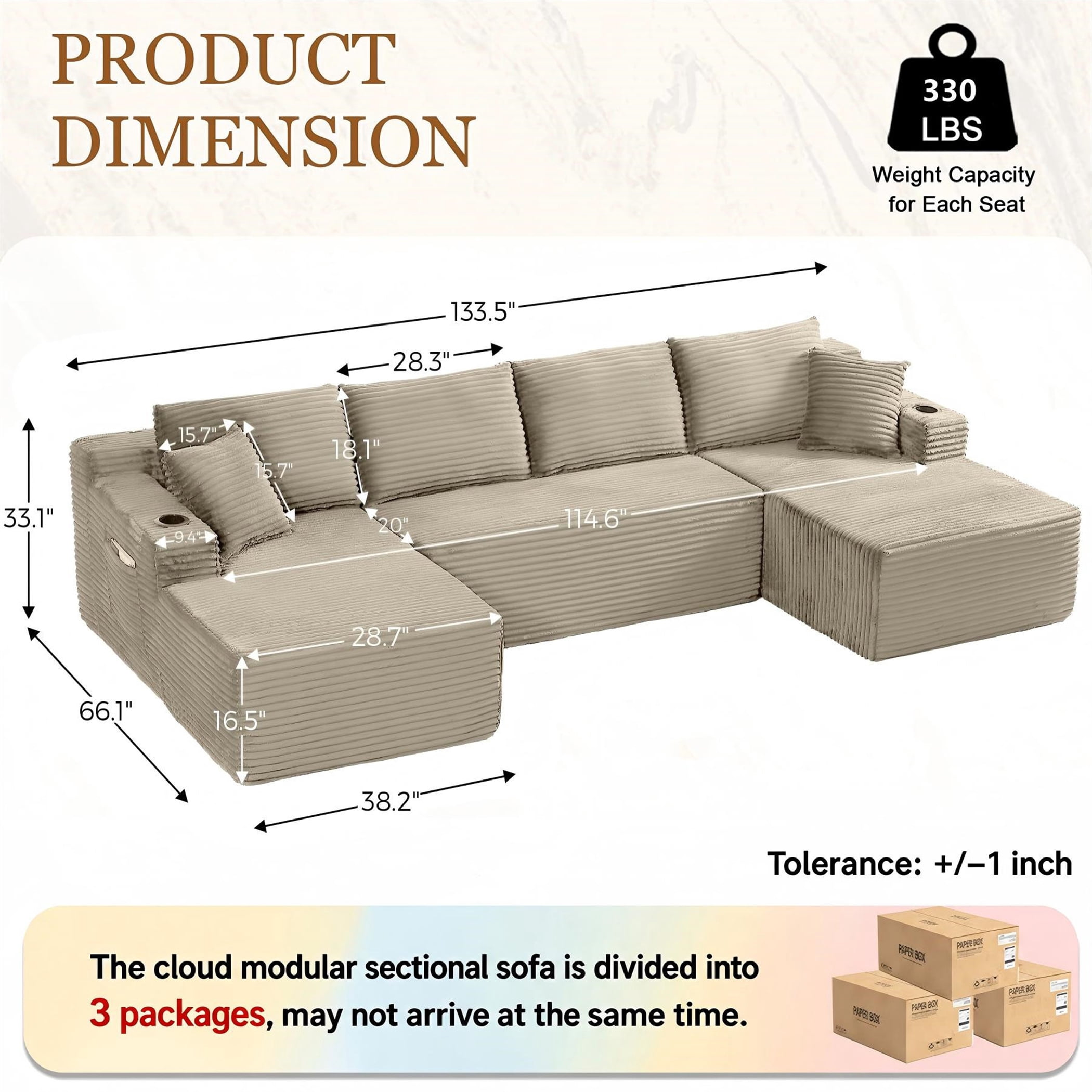 Aukfa 133" Cloud Sectional Sofa Oversized Boneless Couch Modular U-Shaped Couch, Double Chaise Corduroy Sofa for Living Room, Camel