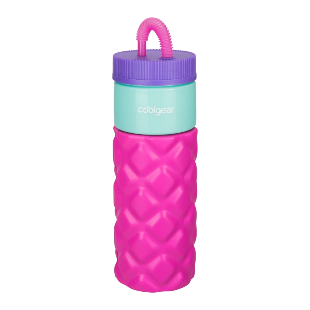 (2 pack) Cool Gear 24oz Plastic Retro Squishy Water Bottle, Quilted Pink with Foam Grip and Resealable Straw