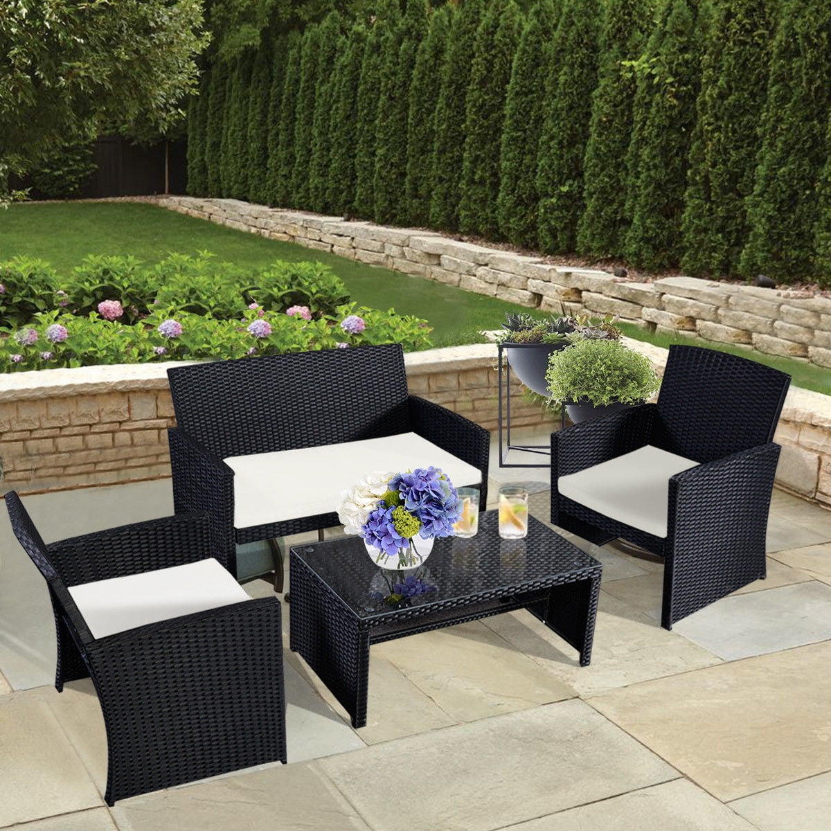 Costway 4 Pc Rattan Patio Furniture Set Garden Lawn Sofa Wicker Cushioned Seat Black by Costway