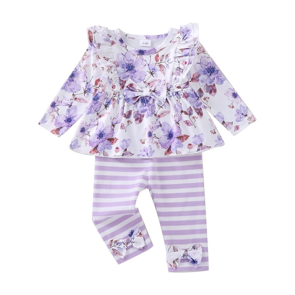 KIMI BEAR 6 Months Newborn Baby Girl Outfit Set 12 Months Clothes Ruffle Long Sleeves Floral T-shirt Top Striped Bowknot Leggings Pants 2pcs Clothing Purple