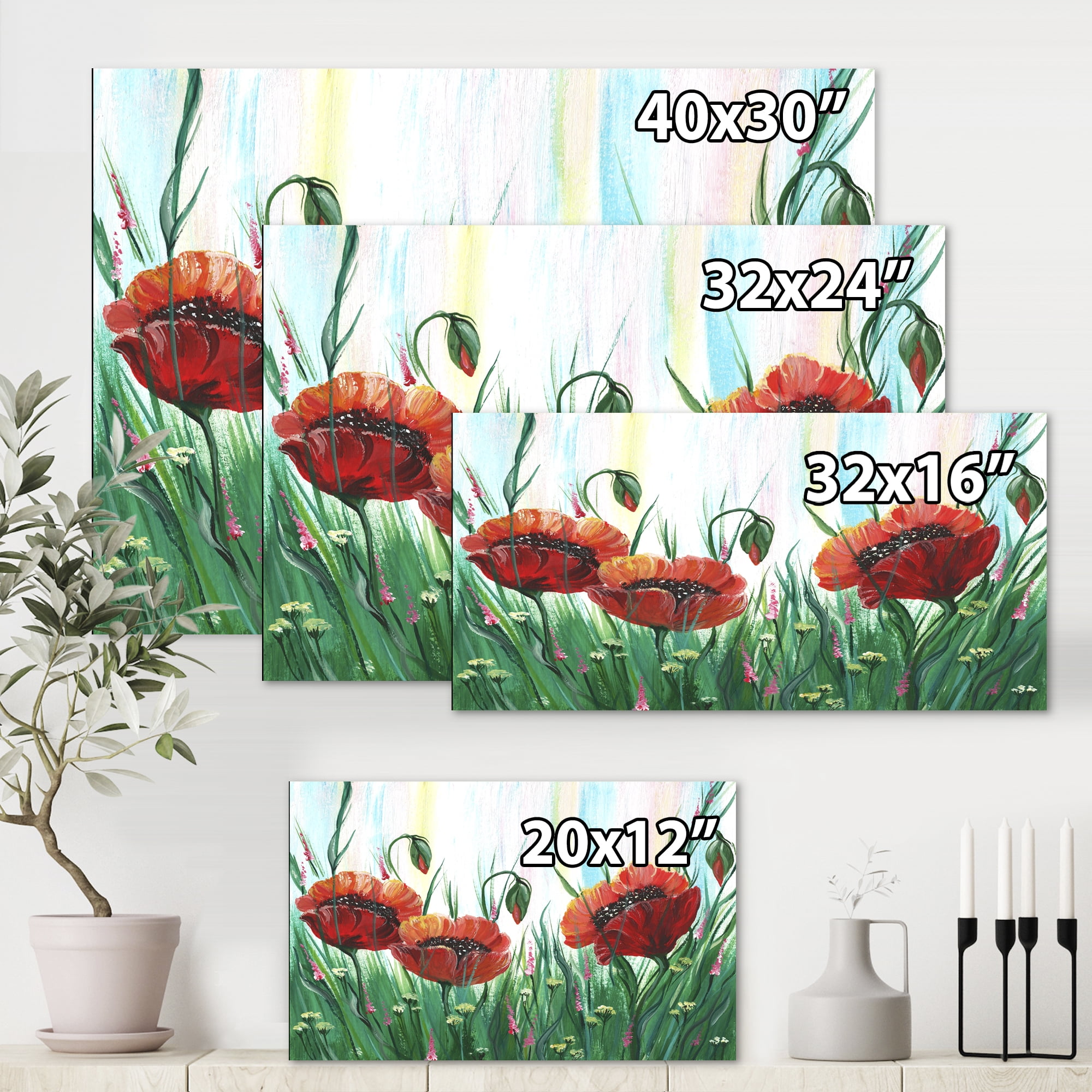 Designart ' Three Red Bright Poppy Flowers On A Green Meadow ' Traditional Canvas Wall Art Print