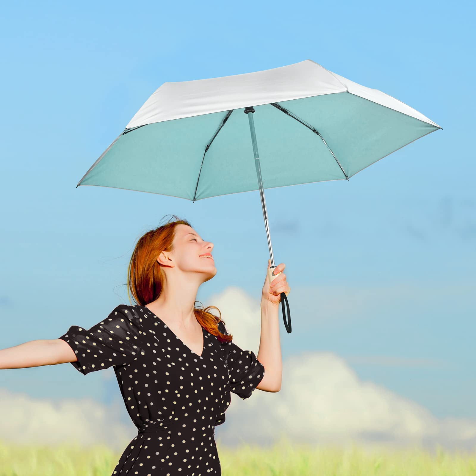G4Free UPF 50+ UV Protection Travel Umbrella with Wooden Handle, 42 Inch Lightweight Sun Rain Folding Umbrellas Auto Open Close