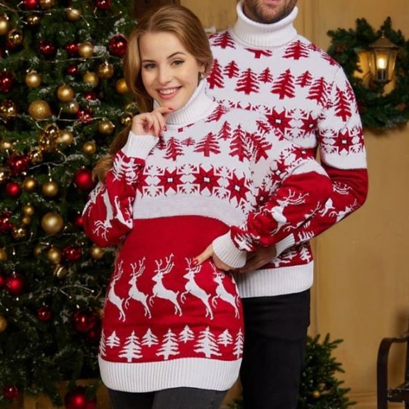 Les Pulls de Noel de Couple Femmes Hommes Epaississent Chaudement les Pulls a Col Roule Papa Maman Assortis Tenues de Noel Famille Look Vetements