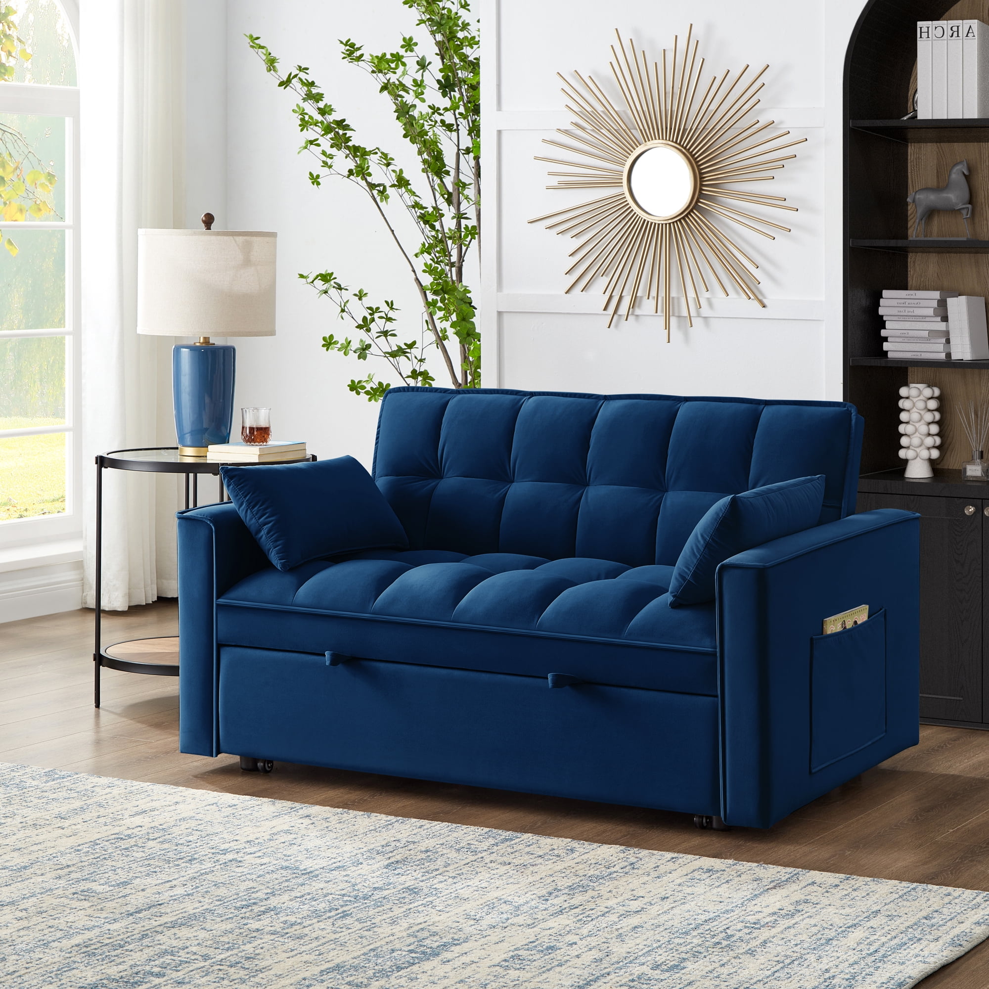 3 in 1 Convertible Sleeper Sofa Bed, 53" Modern Convertible Sofa Bed with 2 Detachable Arm Pockets,Velvet Pull Out Couch with Pull Out Bed for Living Room Furniture,Navy