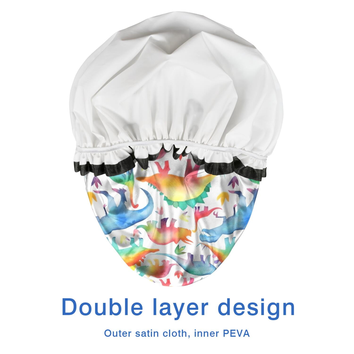 Shower Caps,White Cartoon Watercolor Dinosaurs Pattern Waterproof Shower Cap for Women 4 Pieces,Double Reusable Hair Cover for Shower PEVA Elastic Stretch Hem