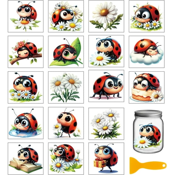 18 Sheets 3.9x3.6inch Ladybug Daisy Rub on Transfer Colorful Insect Vase Home Decals Plant Flowers Cup Transfer Stickers