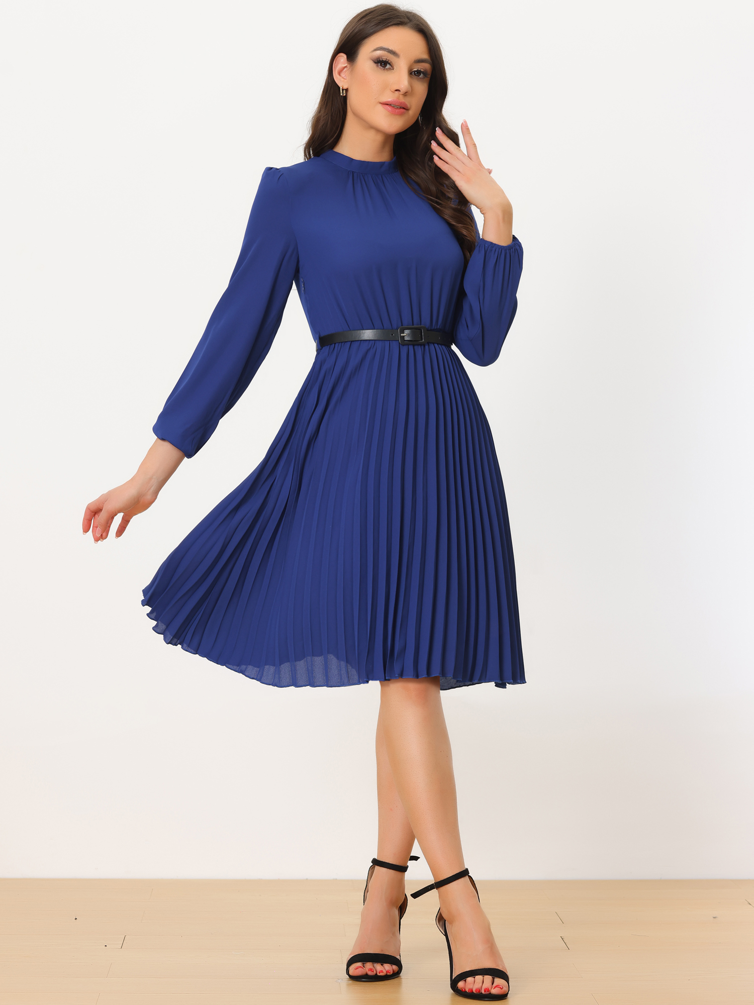 DARING DIVA Work Shirt Long Sleeve Pleated Midi Dress L Royal Blue