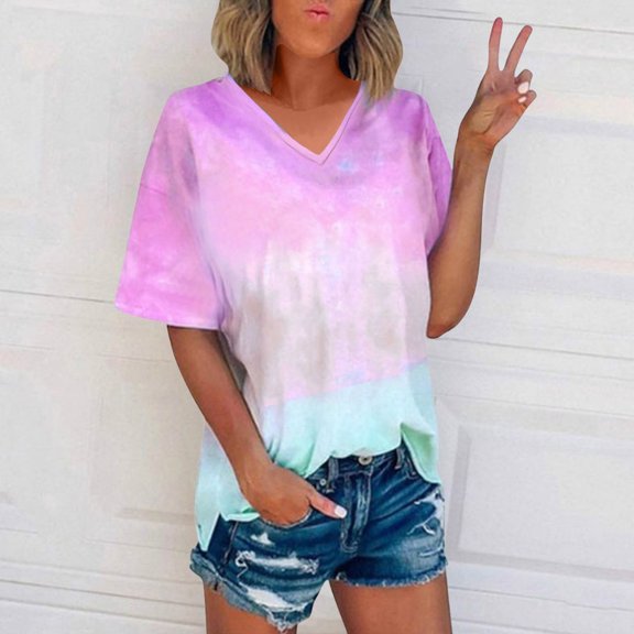 ylioge 3X-5X Womens Plus Size T Shirts Short Sleeve V Neck Tees Tops Ladies Trendy Tie-Dye Pullover Slim Breathable Going-Out Beach Blouses Top